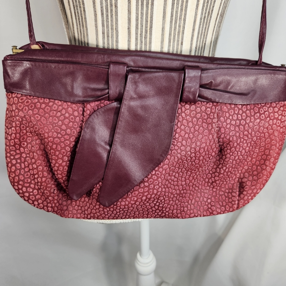 Vintage Letisse Textured Leather Mulberry Crossbody Bag or Clutch w/ Bow Accent